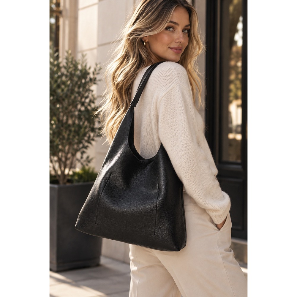 Hoxis Hobo Shoulder Bag Large Black Pebbled Vegan Leather Slouchy Tote